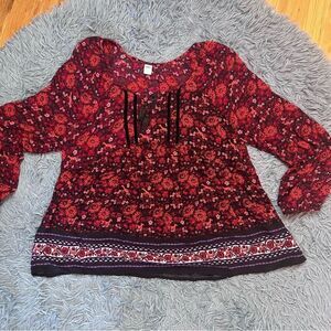 Old Navy Red Black Floral Red Velvet Peasant Blouse Size XL